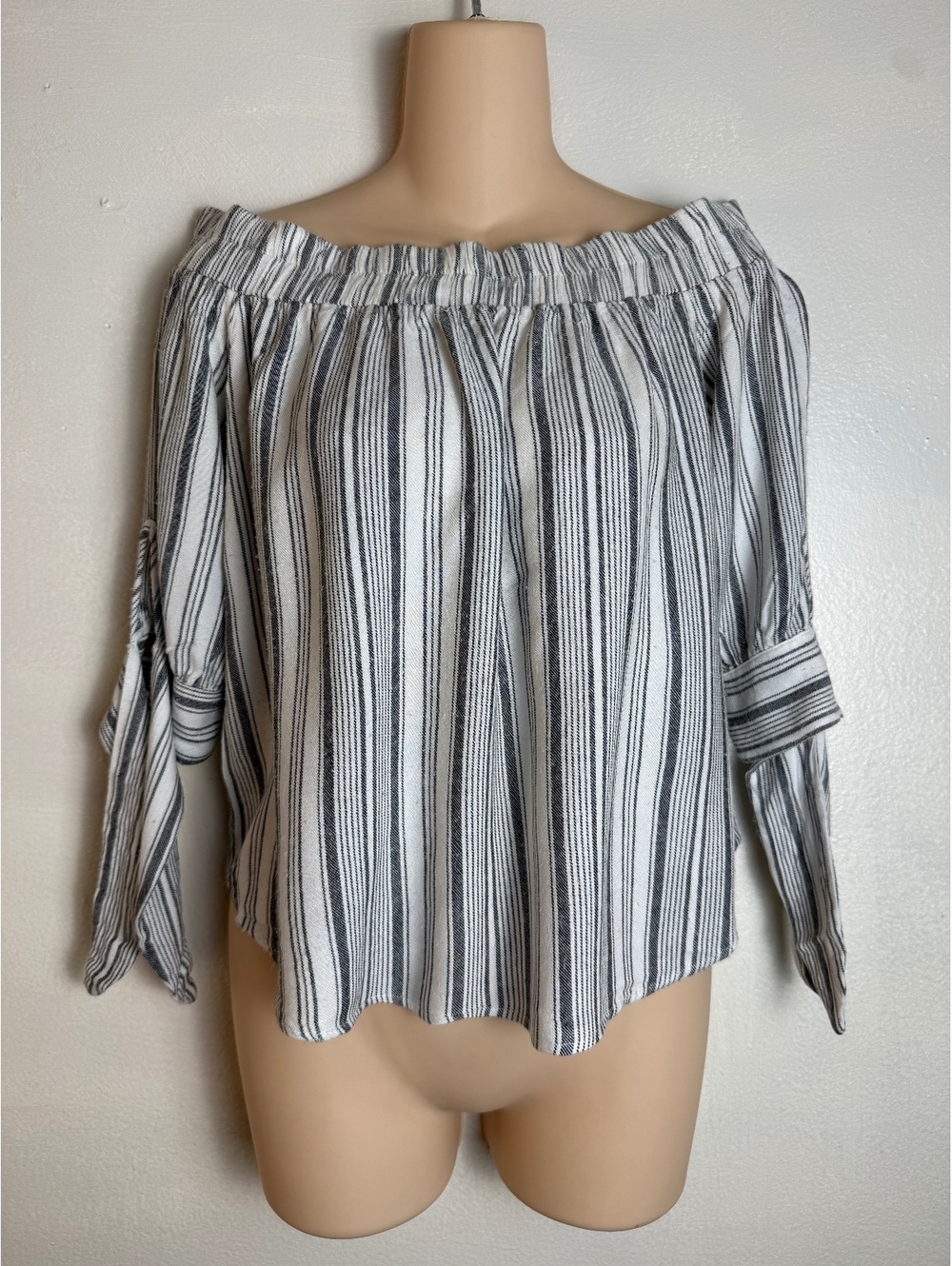 Basil Lola Medium Large Striped Off Shoulder Tie Sleeve Blouse S/M